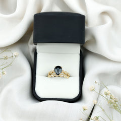 Lab Grown Black Diamond Teardrop Engagement Ring with Moissanite Wedding Band