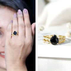 Lab Grown Black Diamond Teardrop Engagement Ring with Moissanite Wedding Band