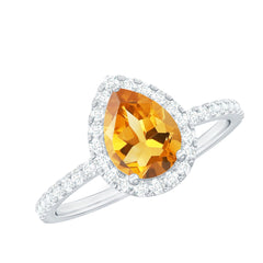 Natural 6X8mm Pear Shape Citrine Engagement Ring with Diamond Halo