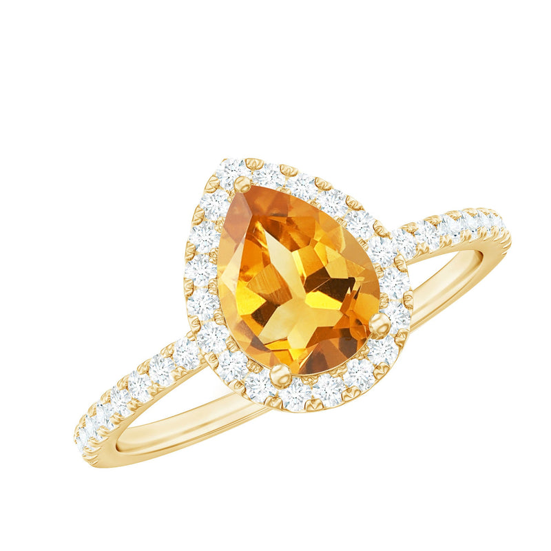 Natural 6X8mm Pear Shape Citrine Engagement Ring with Diamond Halo