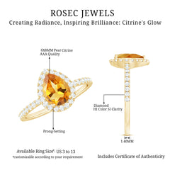 Natural 6X8mm Pear Shape Citrine Engagement Ring with Diamond Halo