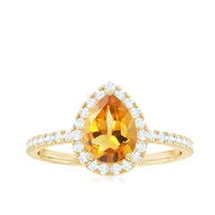 Natural 6X8mm Pear Shape Citrine Engagement Ring with Diamond Halo