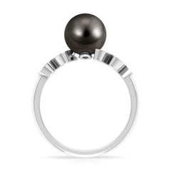 Tahitian Black Pearl and Diamond Leaf Minimal Engagement Ring