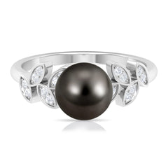Tahitian Black Pearl and Diamond Leaf Minimal Engagement Ring