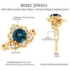 London Blue Topaz and Diamond Cocktail Flower Engagement Ring