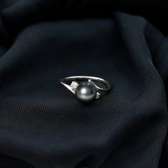 Natural Tahitian Black Pearl Diamond Vintage Engagement Ring