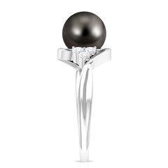 Bypass Tahitian Pearl Engagement Ring with Diamond Trio