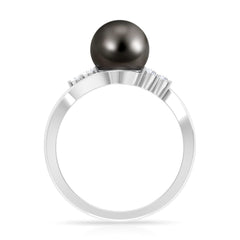 Bypass Tahitian Pearl Engagement Ring with Diamond Trio