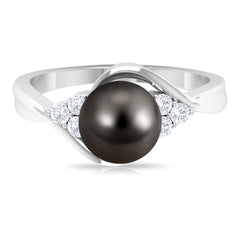 Bypass Tahitian Pearl Engagement Ring with Diamond Trio
