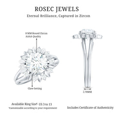 Round Cut Solitaire Zircon Gold Flower Engagement Ring in Split Shank