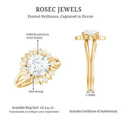 Round Cut Solitaire Zircon Gold Flower Engagement Ring in Split Shank
