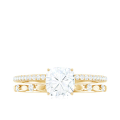 6mm Cushion Cut Moissanite Solitaire Double Band Engagement Ring