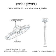 5mm Round Certified Moissanite Solitaire Engagement Ring in Bezel Setting
