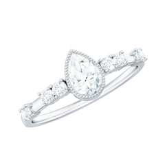 5X7mm Pear Cut Moissanite Solitaire Engagement Ring with Beaded Details