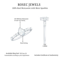 5X7mm Pear Cut Moissanite Solitaire Engagement Ring with Beaded Details