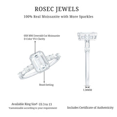 Womens Moissanite 6X8 mm Emerald Cut Engagement Ring in Bezel Setting