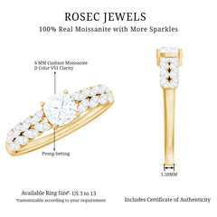 Cushion Cut Moissanite Solitaire Engagement Ring with Side Stones