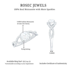 6mm Cushion Cut Moissanite Halo Engagement Ring with Crossover Shank