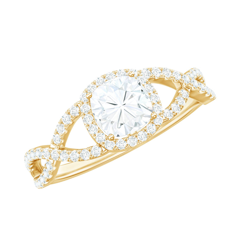 6mm Cushion Cut Moissanite Halo Engagement Ring with Crossover Shank