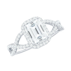 Certified Emerald Cut Moissanite Statement Ring with Crossover Shank