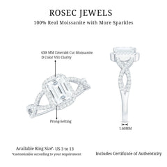Certified Emerald Cut Moissanite Statement Ring with Crossover Shank