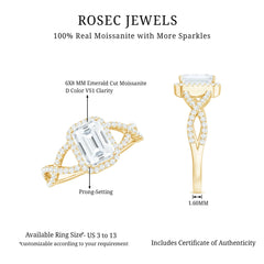 Certified Emerald Cut Moissanite Statement Ring with Crossover Shank