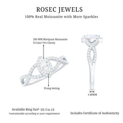 Womens Moissanite Marquise Cut Engagement Ring with Crossover Shank