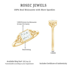 5x5mm Princess Cut Certified Moissanite Solitaire Ring with Celtic Knot Style