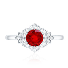 Lab Grown Ruby and Diamond Flower Engagement Ring