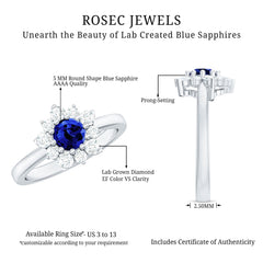 Natural Inspired 0.6 Carat Lab Grown Blue Sapphire Engagement Ring with Diamond Halo