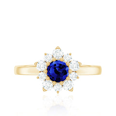 Natural Inspired 0.6 Carat Lab Grown Blue Sapphire Engagement Ring with Diamond Halo