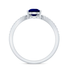 Certified 1.6 Carat Pear Shape Lab Grown Blue Sapphire Chevron Engagement Ring with Diamond