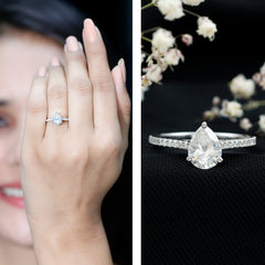 Certified Moissanite Pear Shape Engagement Ring with Side Stones