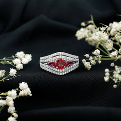Created Ruby 3 Stone Engagement Ring With Moissanite