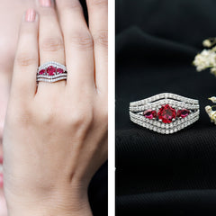 Created Ruby 3 Stone Engagement Ring With Moissanite