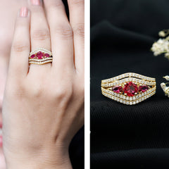 Created Ruby 3 Stone Engagement Ring With Moissanite
