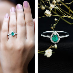 Certified Emerald Teardrop Engagement Ring with Moissanite Halo