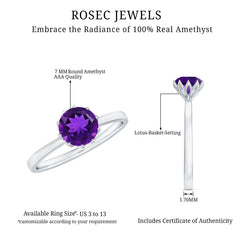 Real Amethyst Solitaire Ring in Lotus Basket Setting