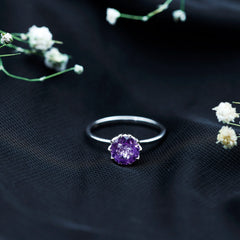 Real Amethyst Solitaire Ring in Lotus Basket Setting
