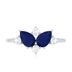 Pear Shape Blue Sapphire and Diamond Cluster Promise Ring