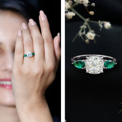 3 CT Moissanite Three Stone Engagement Ring With Emerald