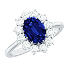 Certified 1 Carat Oval Lab Grown Blue Sapphire Statement Engagement Ring with Diamond
