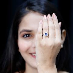 Certified 1 Carat Oval Lab Grown Blue Sapphire Statement Engagement Ring with Diamond