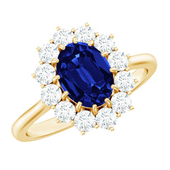 Certified 1 Carat Oval Lab Grown Blue Sapphire Statement Engagement Ring with Diamond