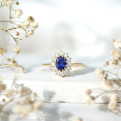 Certified 1 Carat Oval Lab Grown Blue Sapphire Statement Engagement Ring with Diamond