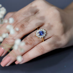 Certified 1 Carat Oval Lab Grown Blue Sapphire Statement Engagement Ring with Diamond