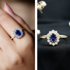 Certified 1 Carat Oval Lab Grown Blue Sapphire Statement Engagement Ring with Diamond