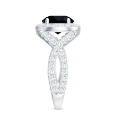 Certified 8 MM Black Onyx Crossover Engagement Ring with Moissanite Halo