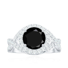 Certified 8 MM Black Onyx Crossover Engagement Ring with Moissanite Halo