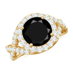 Certified 8 MM Black Onyx Crossover Engagement Ring with Moissanite Halo